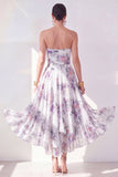 A-Line Orange Flower Strapless Chiffon Ruched Midi Dress