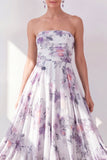 A-Line Orange Flower Strapless Chiffon Ruched Midi Dress