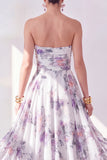 A-Line Orange Flower Strapless Chiffon Ruched Midi Dress
