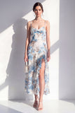 Pink Flower Spaghetti Strapless Sheath Chiffon Ruffled Midi Dress with Slit