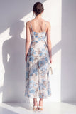 Pink Flower Spaghetti Strapless Sheath Chiffon Ruffled Midi Dress with Slit