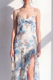 Pink Flower Spaghetti Strapless Sheath Chiffon Ruffled Midi Dress with Slit