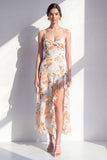Pink Flower Spaghetti Strapless Sheath Chiffon Ruffled Midi Dress with Slit
