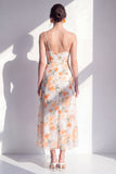 Pink Flower Spaghetti Strapless Sheath Chiffon Ruffled Midi Dress with Slit