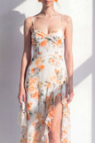 Pink Flower Spaghetti Strapless Sheath Chiffon Ruffled Midi Dress with Slit