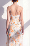 Pink Flower Spaghetti Strapless Sheath Chiffon Ruffled Midi Dress with Slit