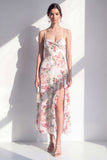 Pink Flower Spaghetti Strapless Sheath Chiffon Ruffled Midi Dress with Slit