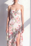 Pink Flower Spaghetti Strapless Sheath Chiffon Ruffled Midi Dress with Slit