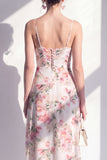 Pink Flower Spaghetti Strapless Sheath Chiffon Ruffled Midi Dress with Slit