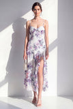 Pink Flower Spaghetti Strapless Sheath Chiffon Ruffled Midi Dress with Slit