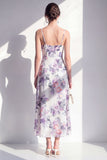 Pink Flower Spaghetti Strapless Sheath Chiffon Ruffled Midi Dress with Slit