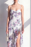 Pink Flower Spaghetti Strapless Sheath Chiffon Ruffled Midi Dress with Slit