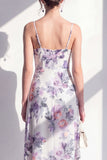 Pink Flower Spaghetti Strapless Sheath Chiffon Ruffled Midi Dress with Slit