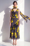 Black Yellow Flower A-Line V-Neck Chiffon Midi Dress with Neck Scarf