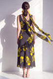 Black Yellow Flower A-Line V-Neck Chiffon Midi Dress with Neck Scarf
