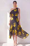Black Yellow Flower A-Line One Shoulder Chiffon Midi Dress