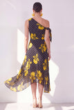 Black Yellow Flower A-Line One Shoulder Chiffon Midi Dress