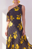 Black Yellow Flower A-Line One Shoulder Chiffon Midi Dress
