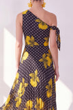 Black Yellow Flower A-Line One Shoulder Chiffon Midi Dress