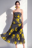 Strapless Black Yellow Flower A-Line Chiffon Midi Dress