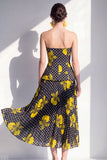 Strapless Black Yellow Flower A-Line Chiffon Midi Dress