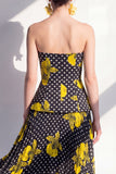 Strapless Black Yellow Flower A-Line Chiffon Midi Dress