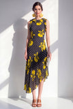 Black Yellow Flower A-Line Round Neck Asymmetrical Chiffon Midi Dress