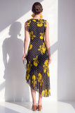 Black Yellow Flower A-Line Round Neck Asymmetrical Chiffon Midi Dress