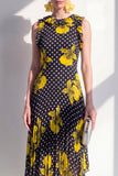 Black Yellow Flower A-Line Round Neck Asymmetrical Chiffon Midi Dress