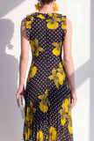 Black Yellow Flower A-Line Round Neck Asymmetrical Chiffon Midi Dress