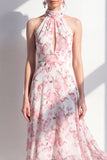 Pink Flower A-Line Chiffon Halter Neck Midi Dress