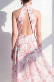 Pink Flower A-Line Chiffon Halter Neck Midi Dress