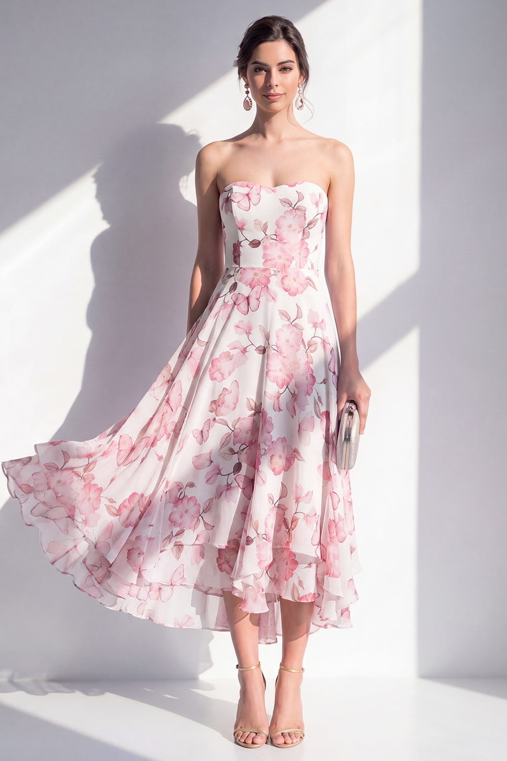 Zapaka Women Pink Flower Midi Dress A-Line Strapless Chiffon Wedding ...