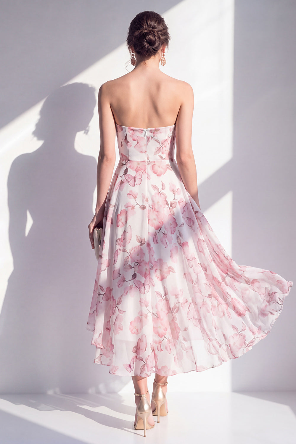 Zapaka Women Pink Flower Midi Dress A-Line Strapless Chiffon Wedding ...