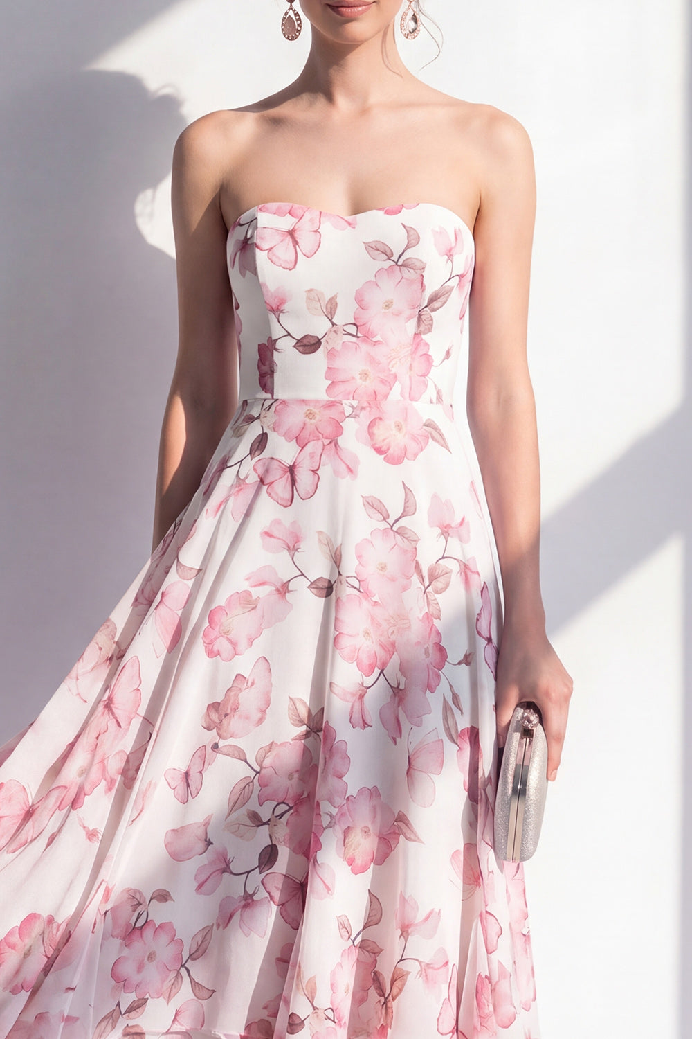 Zapaka Women Pink Flower Midi Dress A-Line Strapless Chiffon Wedding ...