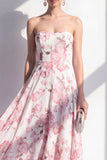 A-Line Pink Flower Chiffon Strapless Midi Dress