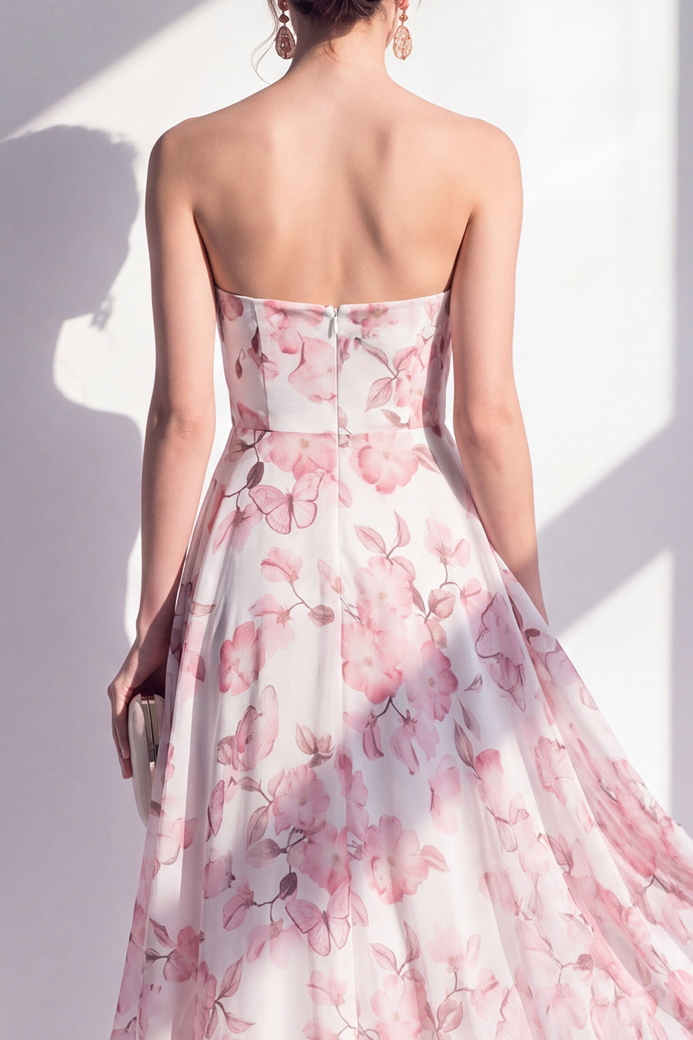 Zapaka Women Pink Flower Midi Dress A-Line Strapless Chiffon Wedding ...