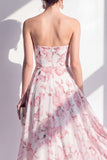 A-Line Pink Flower Chiffon Strapless Midi Dress