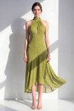 Olive A-Line Halter Neck Chiffon Midi Dress