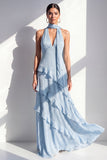 A-Line Yellow Halter Neck Chiffon Maxi Dress with Ruffles