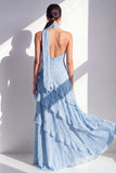 A-Line Yellow Halter Neck Chiffon Maxi Dress with Ruffles
