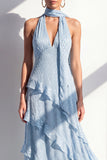 A-Line Yellow Halter Neck Chiffon Maxi Dress with Ruffles