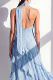 A-Line Yellow Halter Neck Chiffon Maxi Dress with Ruffles