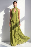 A-Line Yellow Halter Neck Chiffon Maxi Dress with Ruffles