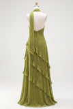 A-Line Yellow Halter Neck Chiffon Maxi Dress with Ruffles