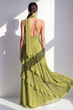 A-Line Yellow Halter Neck Chiffon Maxi Dress with Ruffles