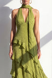 A-Line Yellow Halter Neck Chiffon Maxi Dress with Ruffles