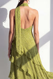 A-Line Yellow Halter Neck Chiffon Maxi Dress with Ruffles