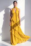 A-Line Yellow Halter Neck Chiffon Maxi Dress with Ruffles