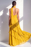 A-Line Yellow Halter Neck Chiffon Maxi Dress with Ruffles